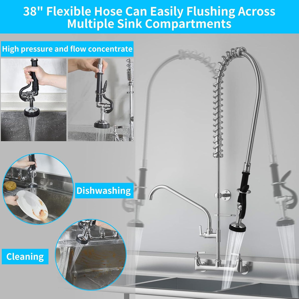 Commercial Faucet with Sprayer, 36" Height 8 Inch Center Brass Constructed Wall Mount Kitchen Sink Faucet with Pull