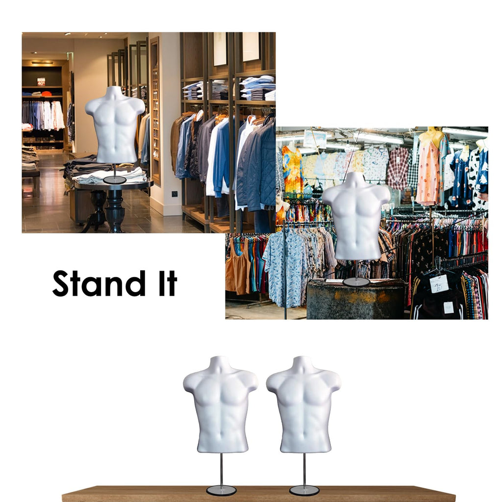Male Mannequin Torso with Metal Stand Hollow Back Body Stackable Dress Form for Tshirt Display, Countertop, Craft