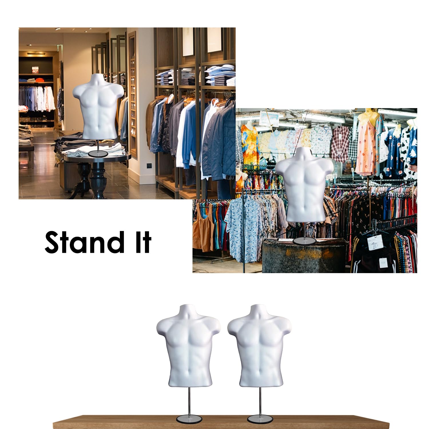 Male Mannequin Torso with Metal Stand Hollow Back Body Stackable Dress Form for Tshirt Display, Countertop, Craft