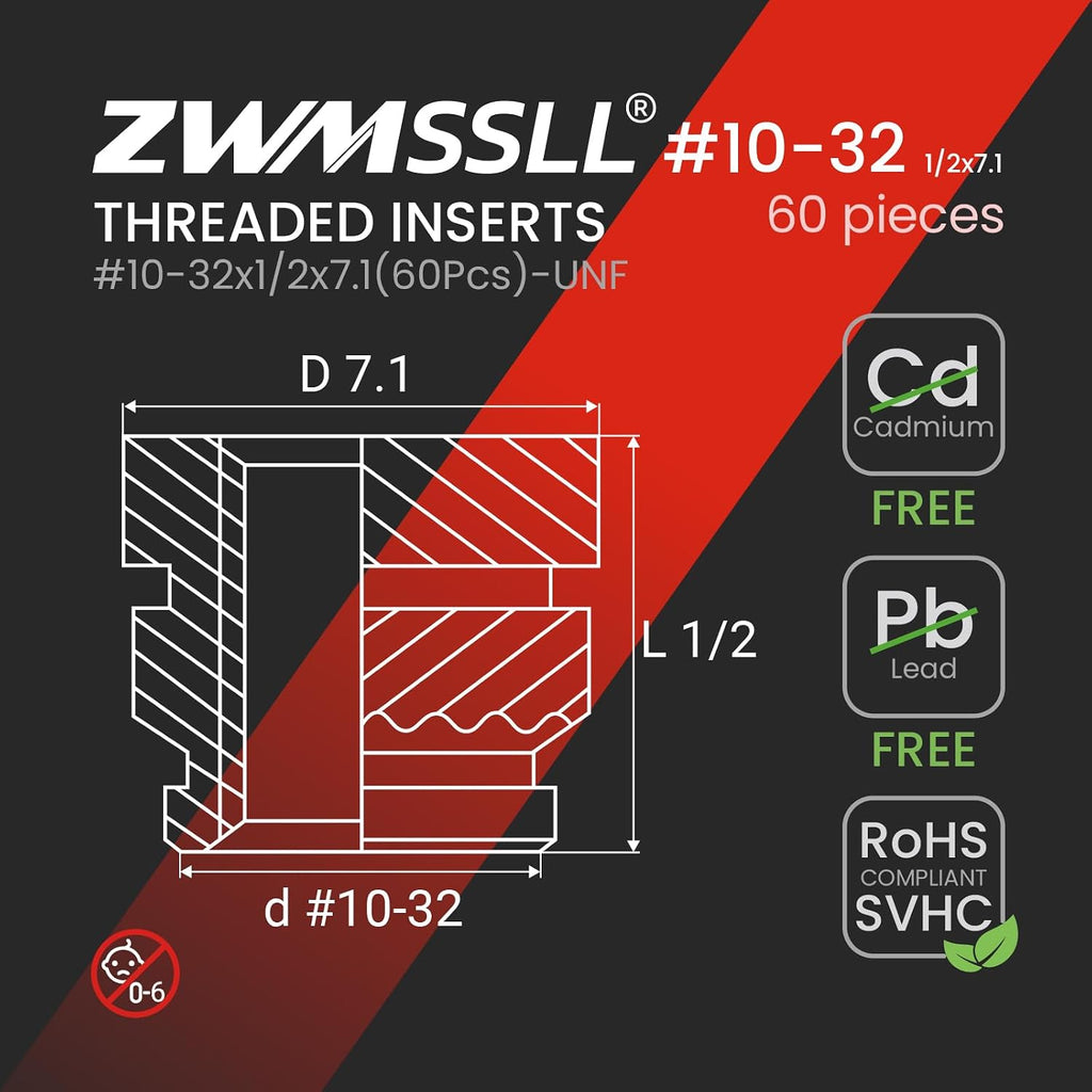 #10-32 Heat Set Threaded Inserts, 60 Pieces, Brass, UNF Knurled Nuts, Insert by Heat into 3D Printing Components
