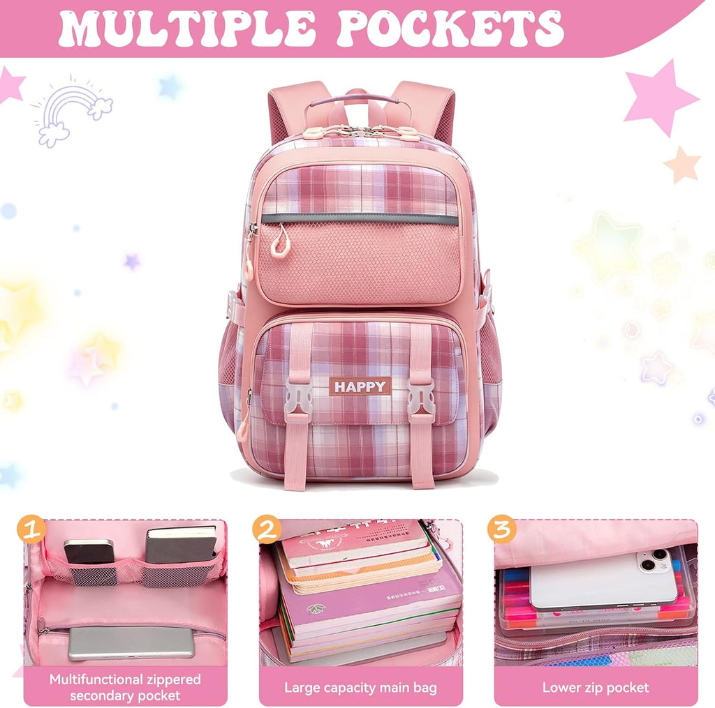 Backpack for Girls,Cute Plaid Backpack,Preppy Bookbag for Elementary & Middle School Students,Large Capacity School