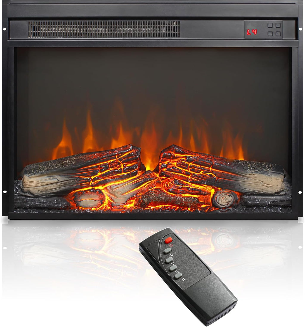 23" Electric Fireplace Insert with Real Fire Crackling Sound, Adjustable Flame & Thermostat, 1400W, 4 Adjustable