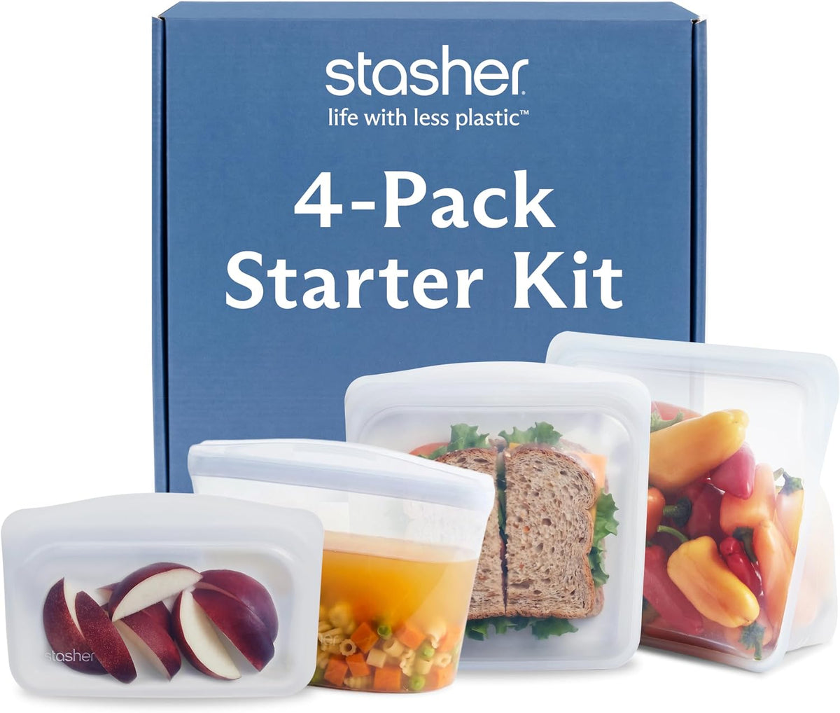 Premium Reusable Silicone Storage Bags, 4-Pack Starter Kit, Clear