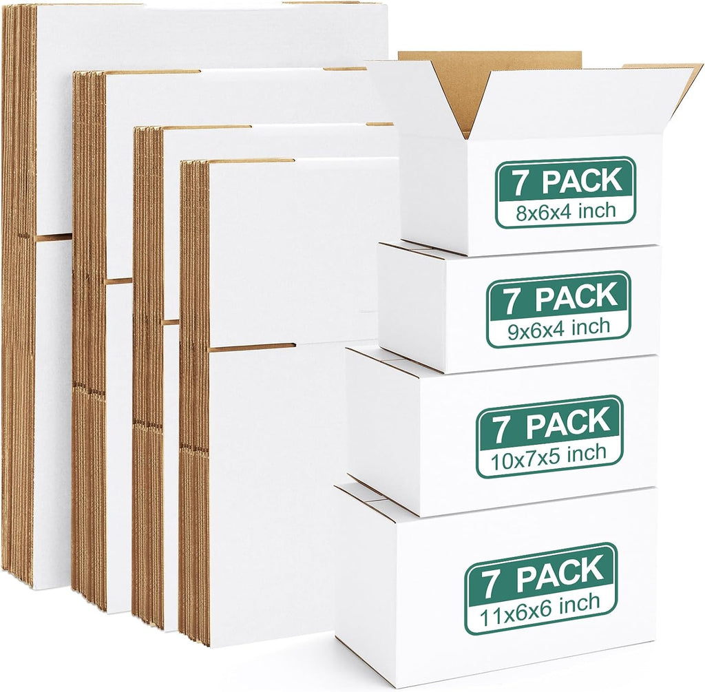 28 Pack Small Shipping Boxes Assorted Sizes, White Corrugated Box Mailers, 8x6x4 &9x6x4 & 10x7x5 & 11x6x6 7 PCS Each