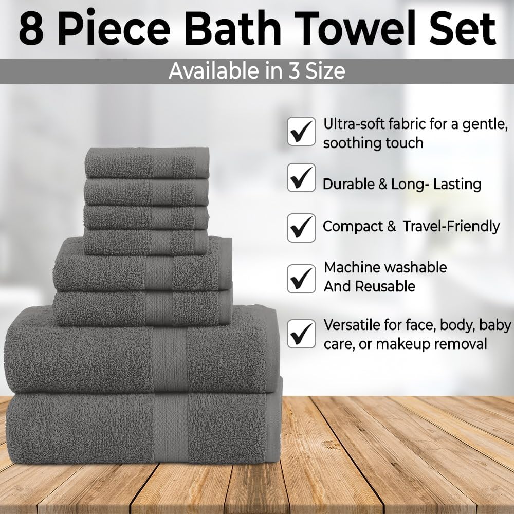 Pack of 8 Towels Set, 2 Large Bath Towels, 2 Hand Towels, 4 Wash Cloths, 100% Cotton, Lighter Weight, Quicker to Dry