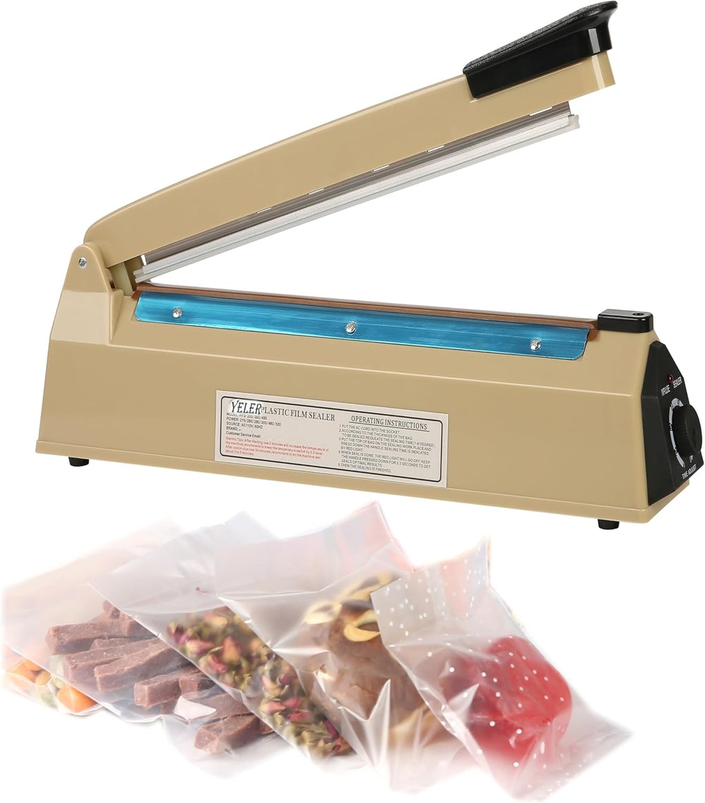 12 Inch Impulse Heat Sealer - Manual Poly Bag Sealer Machine for Plastic PE PP Bags - Extra Replace Element Grip (Beige)
