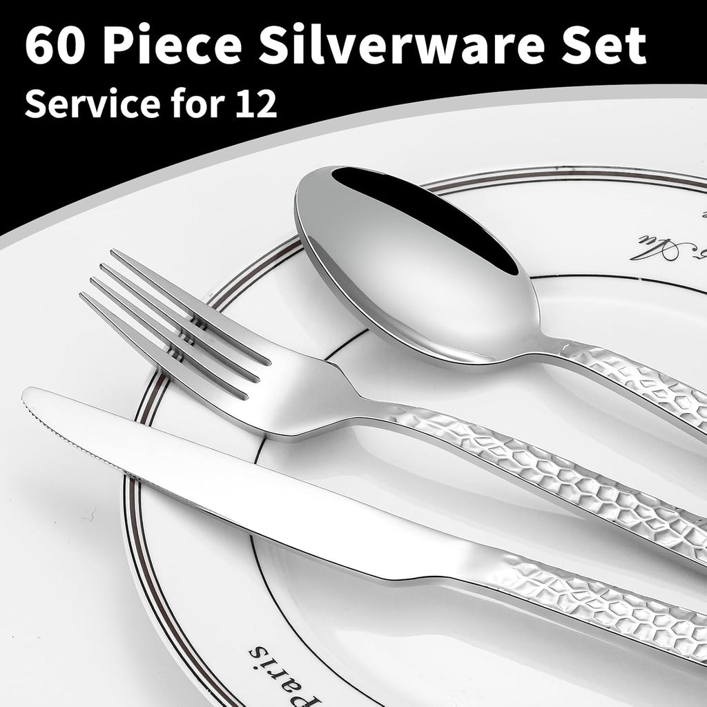 60 Piece Silverware Set for 12, Amafox Stainless Steel Hammered Flatware Set, Kitchen Utensil Cutlery Silverware Set