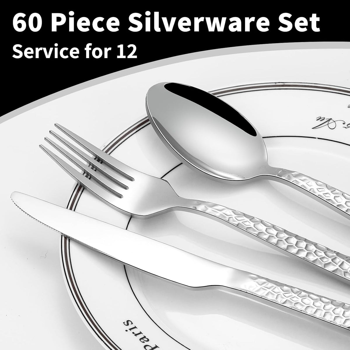 60 Piece Silverware Set for 12, Amafox Stainless Steel Hammered Flatware Set, Kitchen Utensil Cutlery Silverware Set