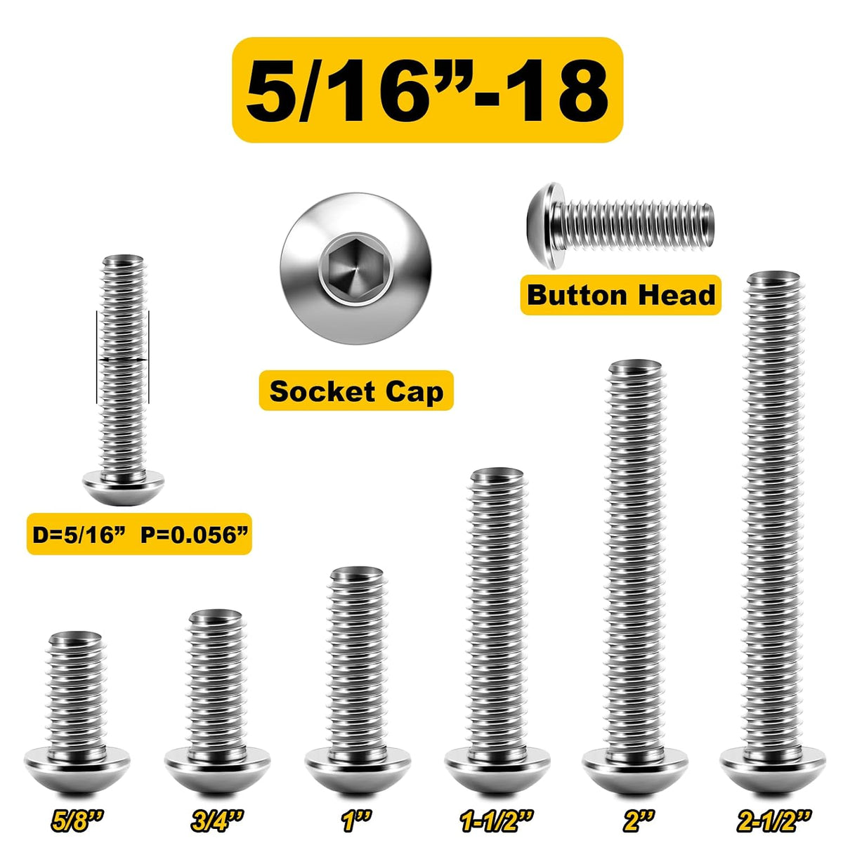 (20Sets) 5/16-18 Bolt x 3/4" Button Head Socket Cap Bolts, Screws Nuts and Bolts, 5/16 Bolt, 304 Stainless Steel Bolts and Nuts Coarse Thread, Bright Finish, Allen Screws Furniture Bolts By Mywish