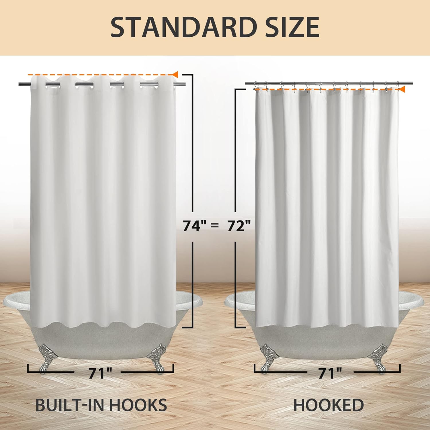 No Hook Hotel Cloth Shower Curtain White, Standard Size | Waterproof Microfiber, Bottom Magnets, Soft Washable Fabric
