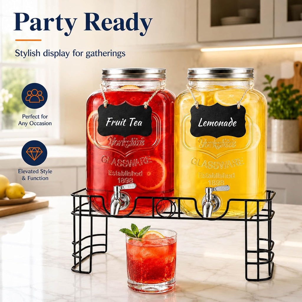 2 Gallon Glass Drink Dispensers for Parties with Stand, 2 Pack