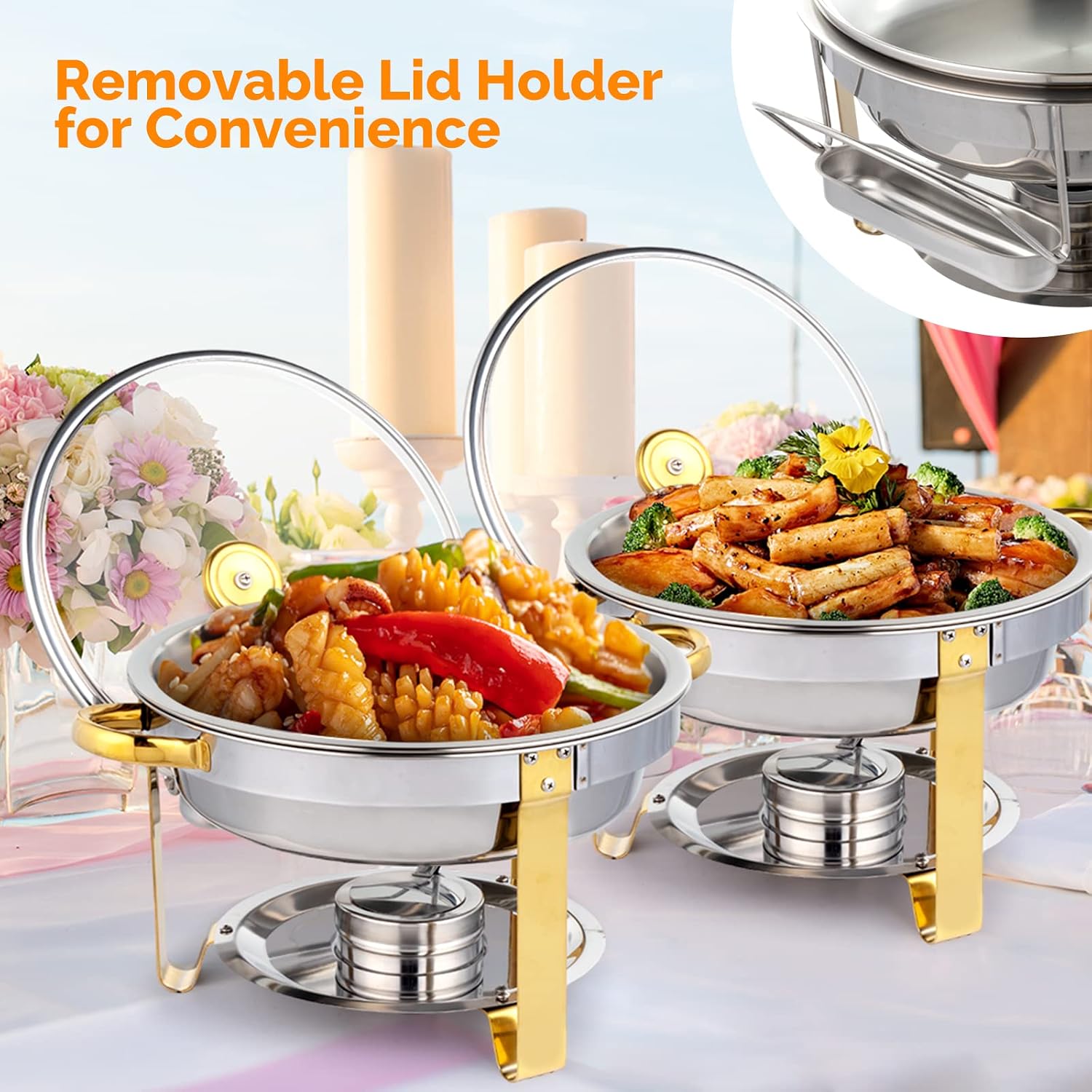 5QT 2 Packs Chafing Dish Buffet Set Gold Accent, Round Stainless Steel Buffet Warmer Chafers and Buffet Warmers Sets