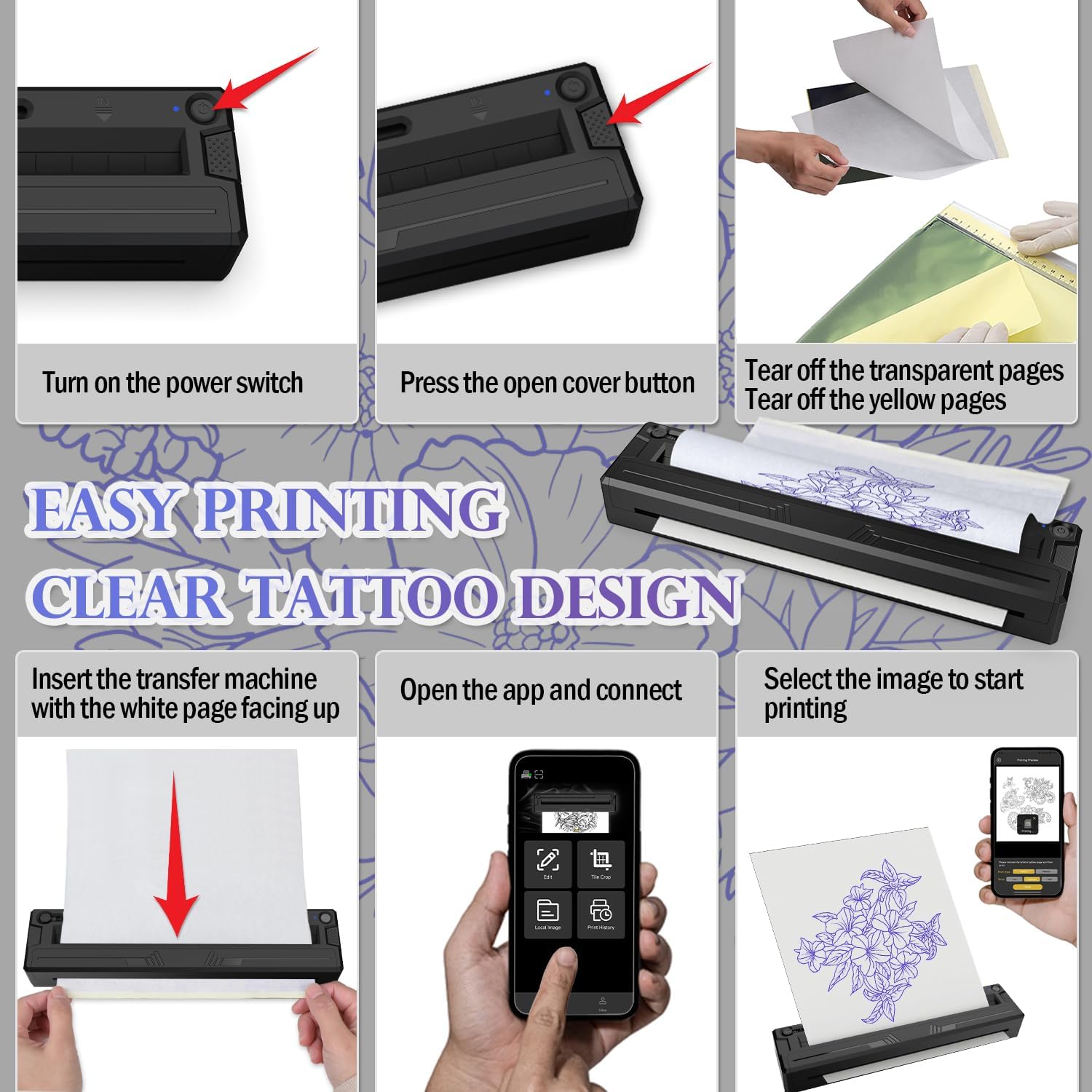 Wireless Tattoo Stencil Printer, Portable Bluetooth Thermal Tattoo Printer with App Custom-Size≤ A4, Print Realistic