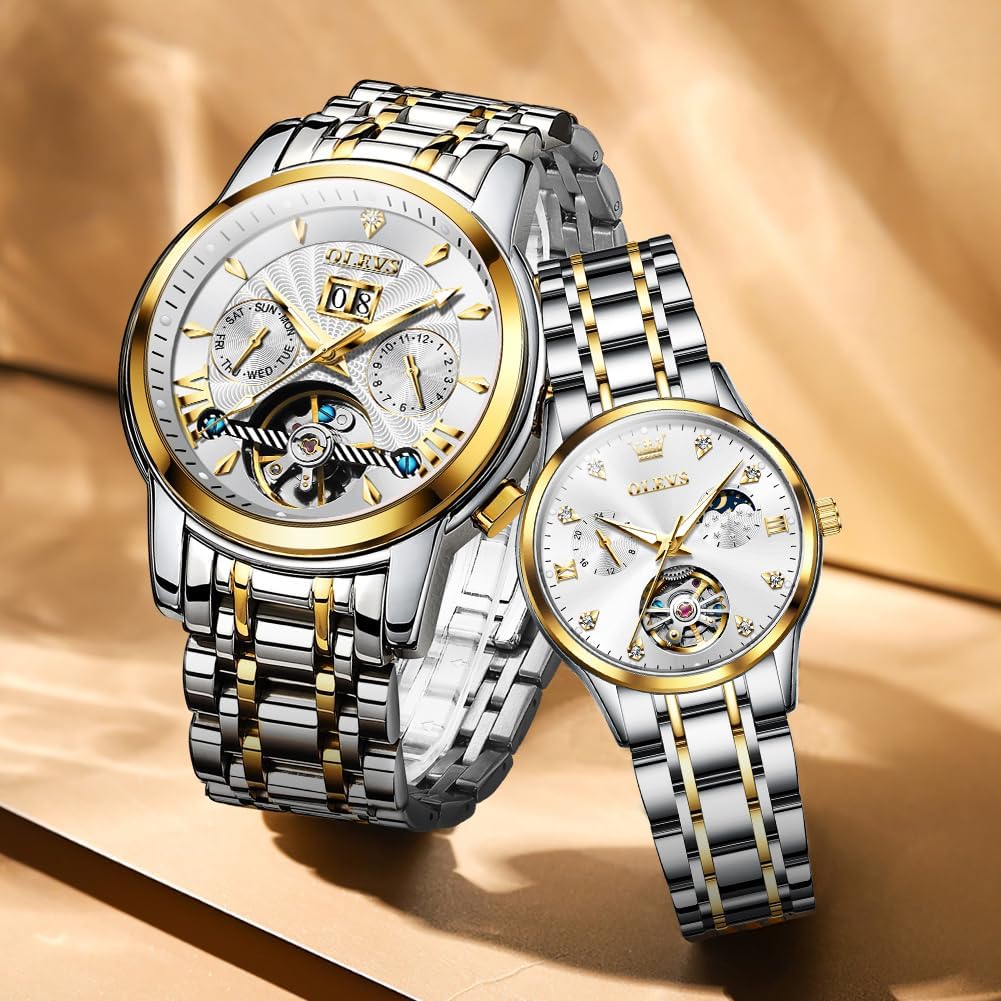 Couple Pair Watches Set Automatic Mechanical Self Winding Dress Matching Watch for His and Hers Valentines Day Gifts