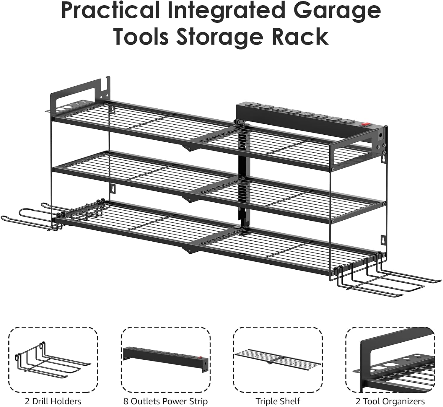 Large Garage Tools Storage with Charging Station. Power Tool Battery Organizer Utility Shelf with Power Strip. 4