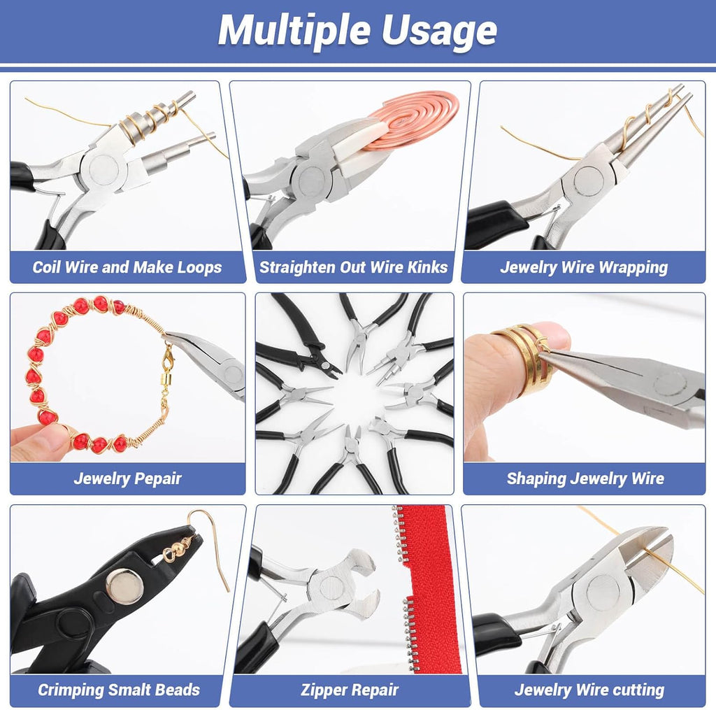 10 Pieces Jewelry Pliers Tools Set, Jewelry Making Tools Include 8 Pieces Pliers, Jump Ring Opener, Tweezers for Wire