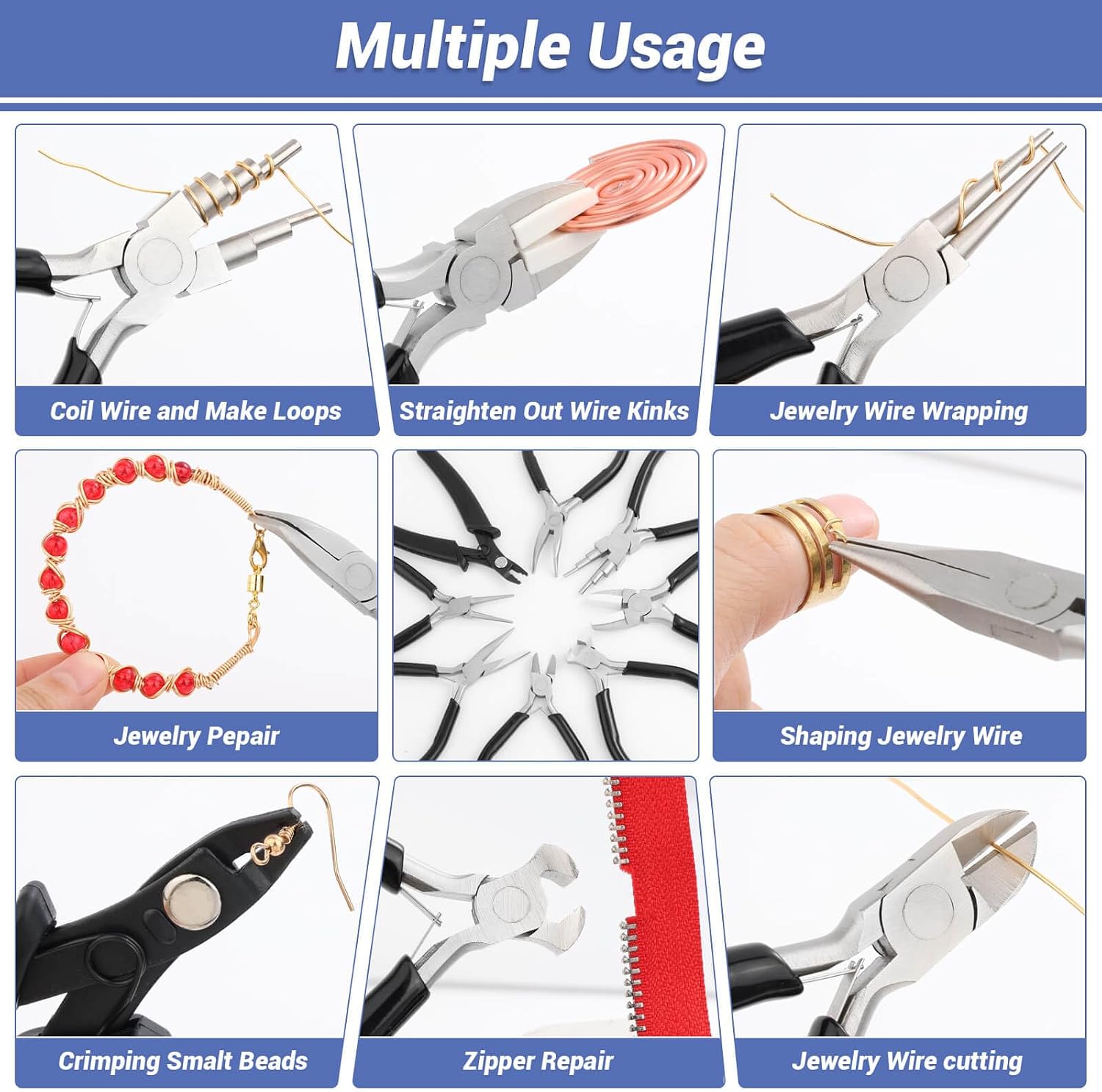 10 Pieces Jewelry Pliers Tools Set, Jewelry Making Tools Include 8 Pieces Pliers, Jump Ring Opener, Tweezers for Wire