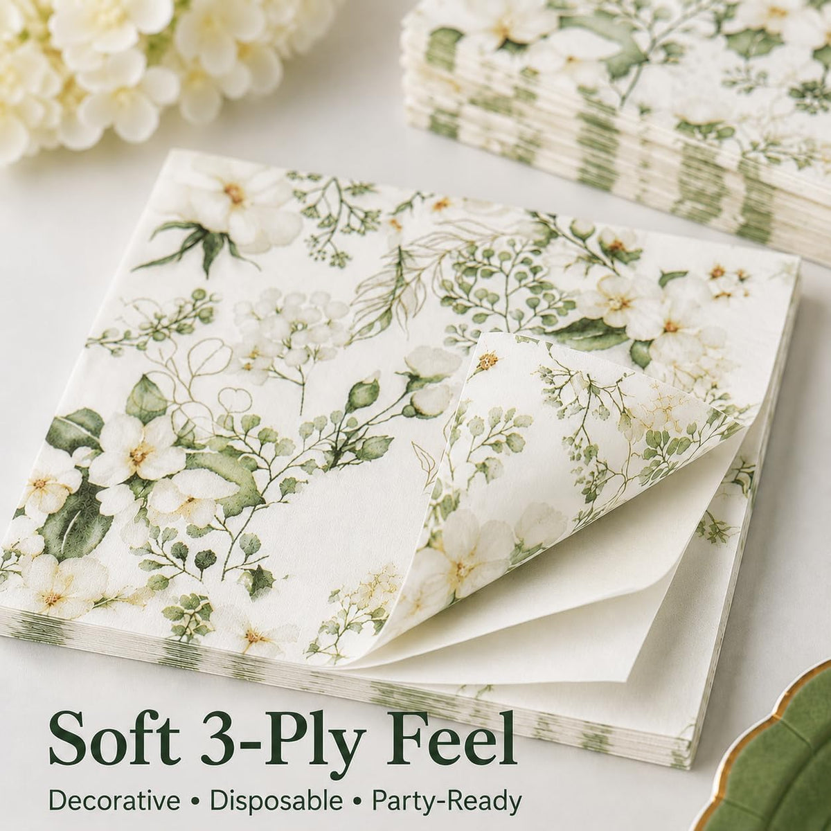 White Green Floral Cocktail Napkins 100 Count Botanical Beverage Napkins
