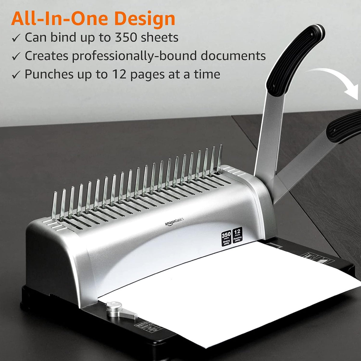 Comb Binding Machine, 350 Sheets Capacity, Punches 12 Sheets, for Paper Sizes A5(15 holes)/Letter(19 holes)/A4(21
