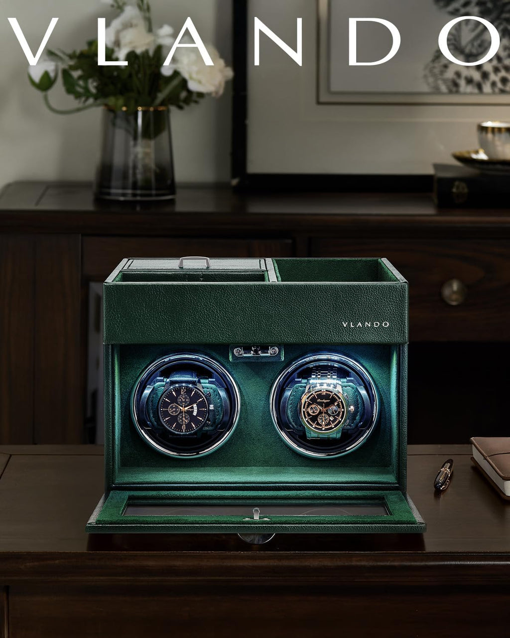 Double Watch Winder for Automatic Watches with Jewelry Tray, Green | Quiet Japanese Motor Winds Two Automatic Watches