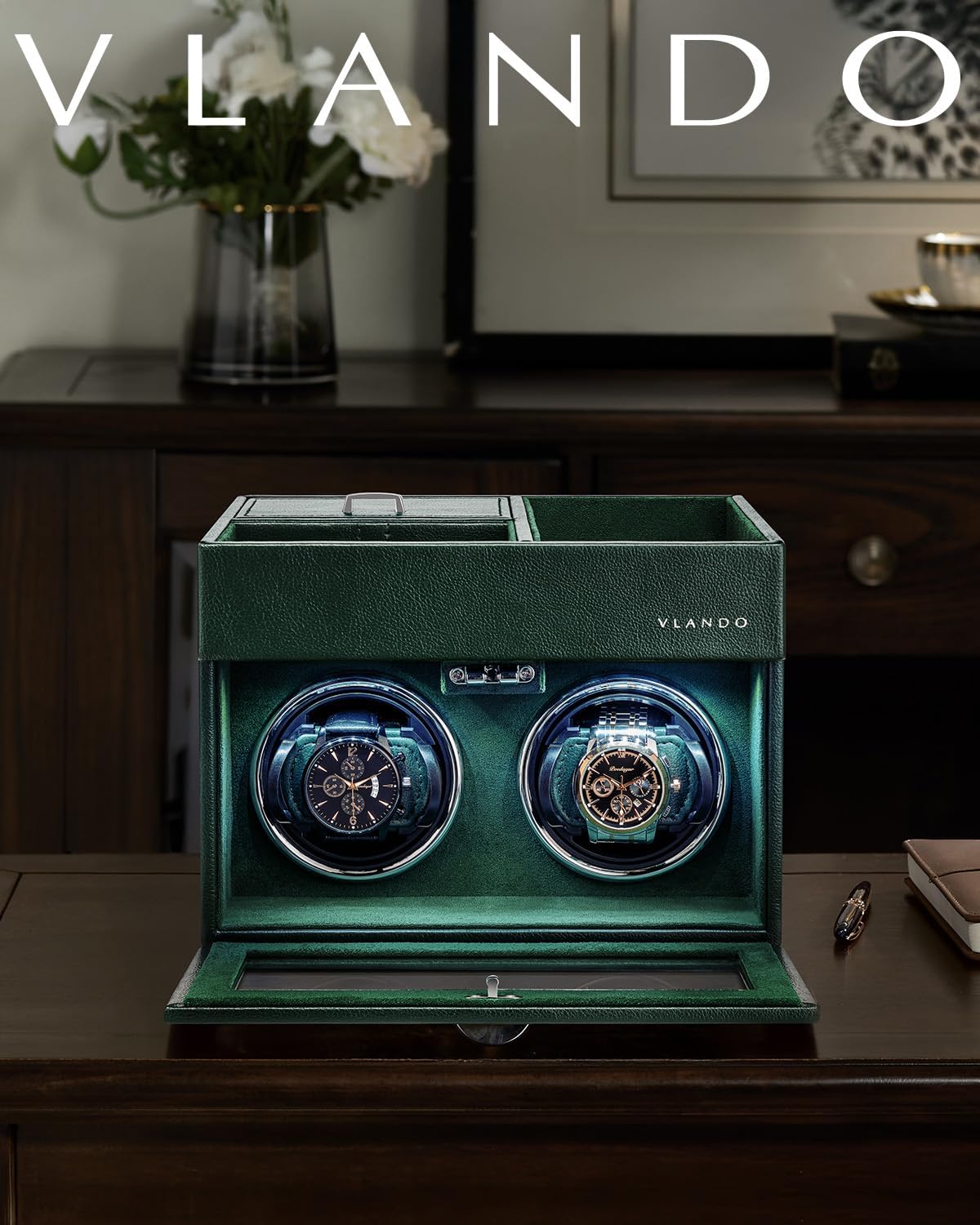 Double Watch Winder for Automatic Watches with Jewelry Tray, Green | Quiet Japanese Motor Winds Two Automatic Watches