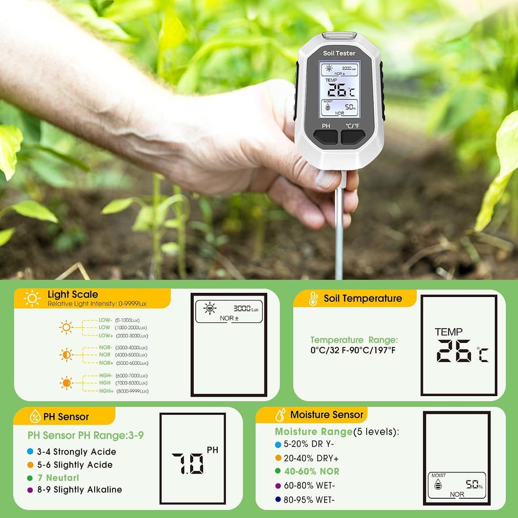 4-in-1 Soil Moisture Meter Digital Plant Temperature/Soil Moisture/pH Meter/Sunlight Intensity Backlight LCD Display