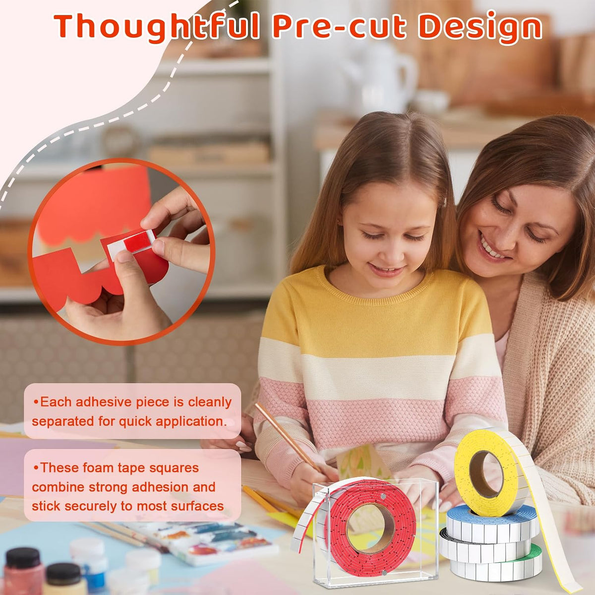 5 Roll Double Sided Foam Tape for Crafts with Acrylic Storage Box 0.75 x 0.47 Inch Pre-Cut Foam Mounting Tape Square