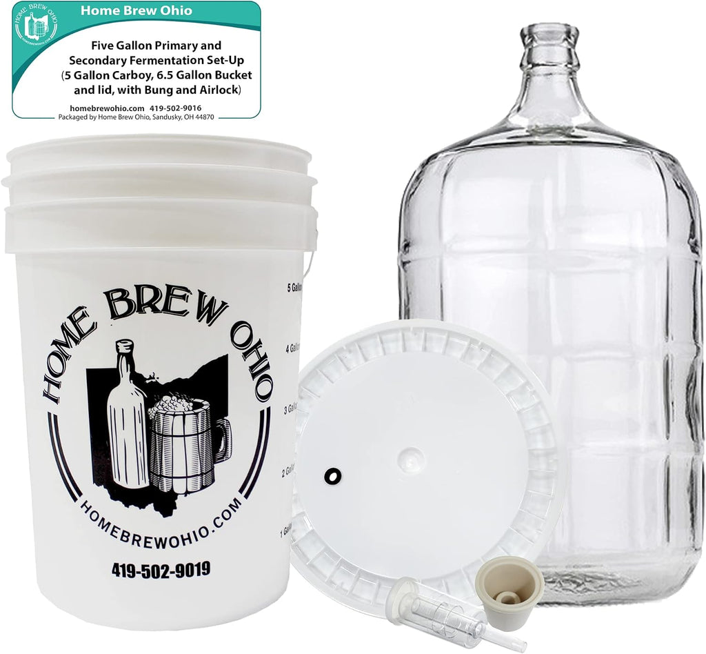 Five Gallon Primary and Secondary Fermentation Set-Up (5 Gallon Carboy, 6.5 Gallon Bucket and lid, with Bung and