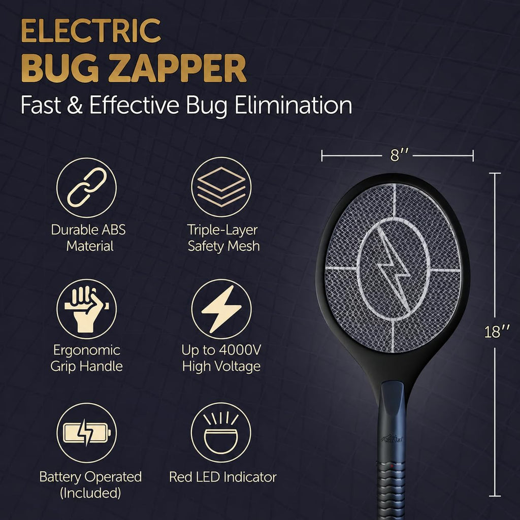 Bug Zapper Racket, Electric Fly Swatter for Mosquitoes, Flies, and Flying Insects, 18 Inch Handheld Battery Powered