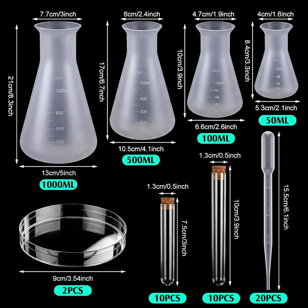 60 pcs Beakers and Test Tubes Set Include 6 Graduated Cylinder 7 Beakers 4 Flask 20 Droppers 20 Test Tubes with Rack
