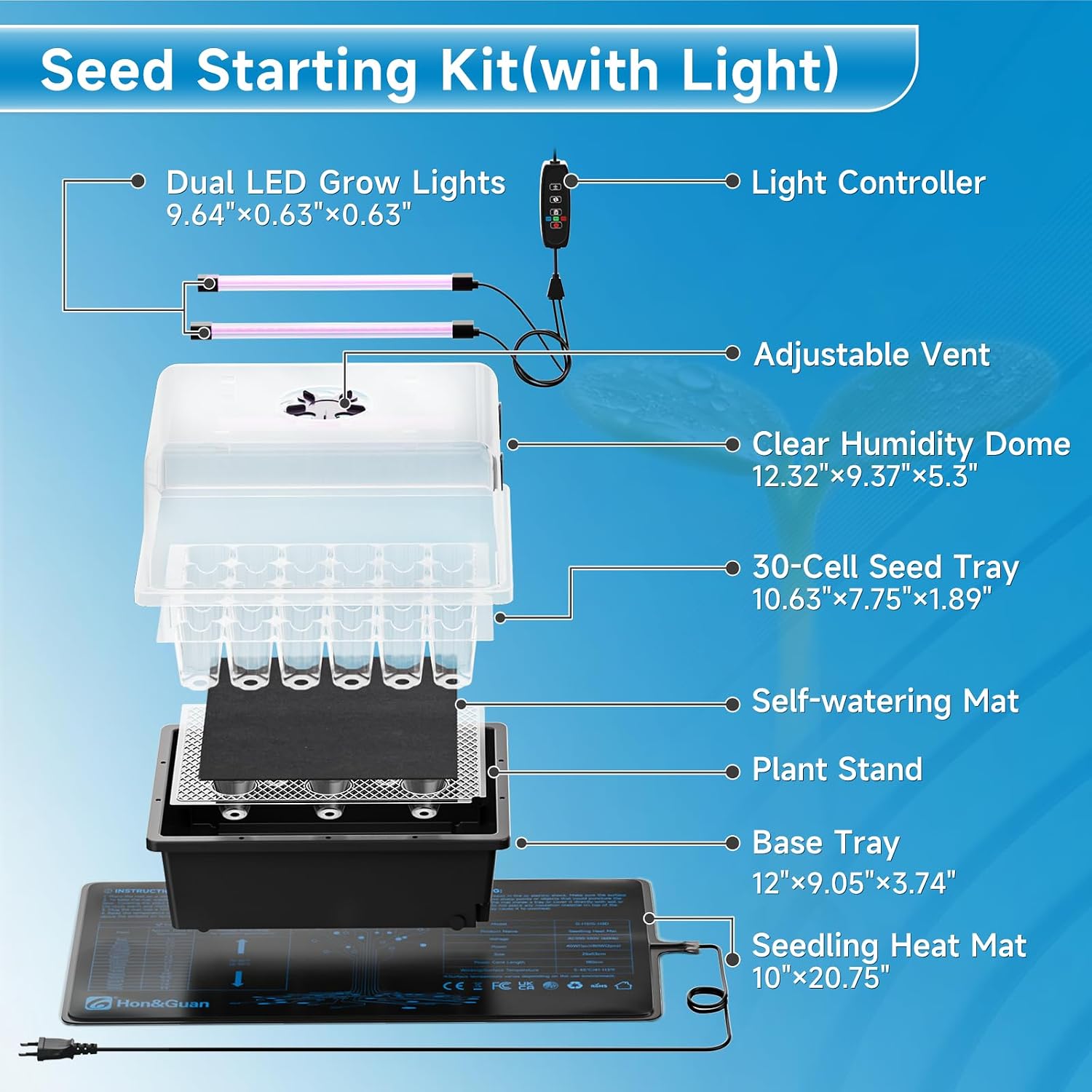 30-Cell Seed Starting Kit with Heat Mat and LED Grow Lights | 30-cell PP seedling tray, 5.3" dome with vents, dual