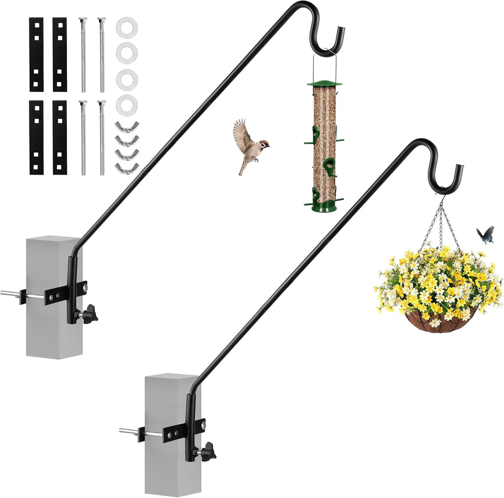 2 Packs Extended Fence Deck Heavy Duty Bird Feeder Hook, 360 Degree Rotary and Length Adjustable Plant Bracket for