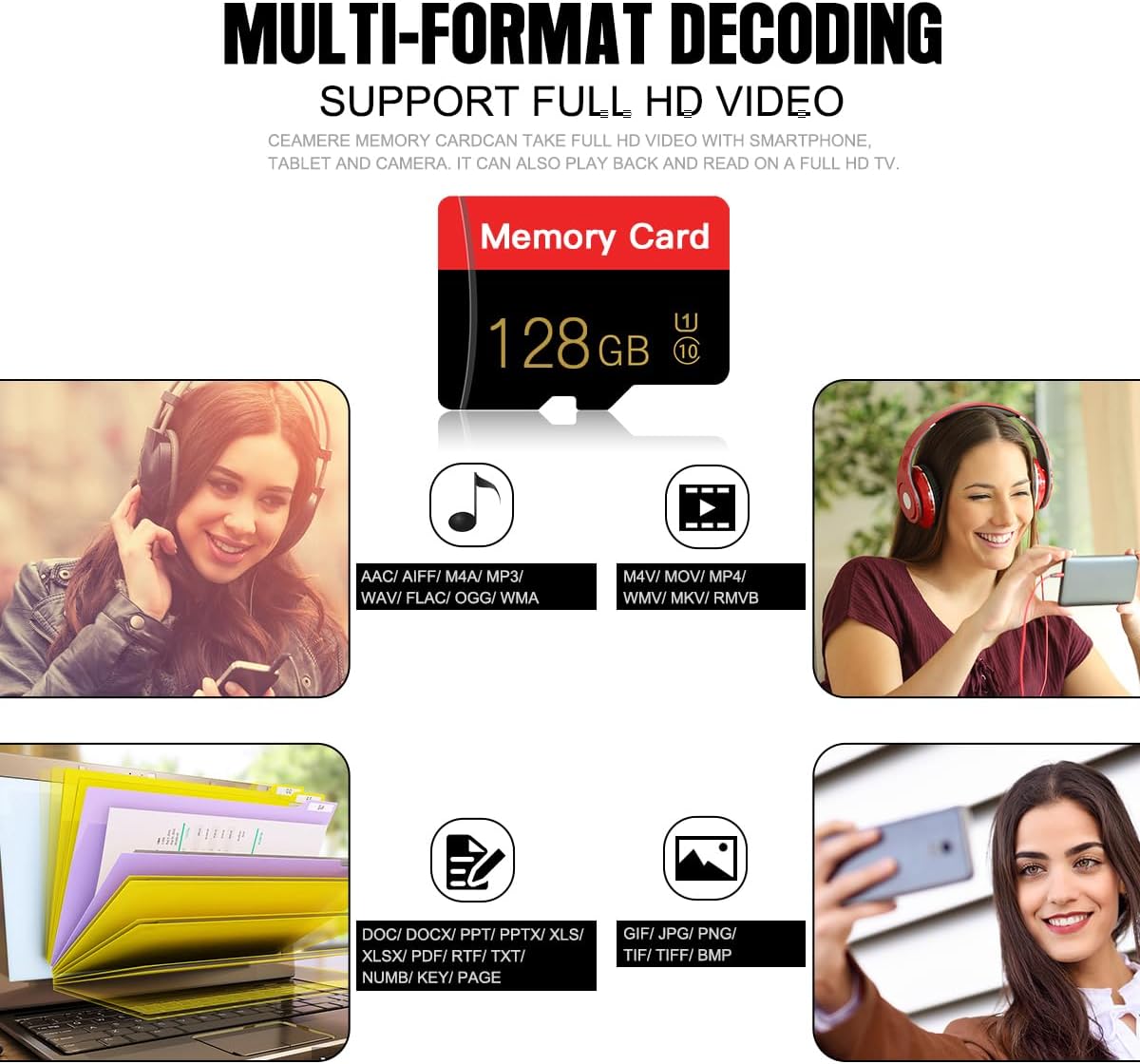 Micro Memory Card 128GB with Adapter, C10/U1/UHS-I/A1 TransFlash Card, TF Card for Camera, Smartphone, Tablet, Drone