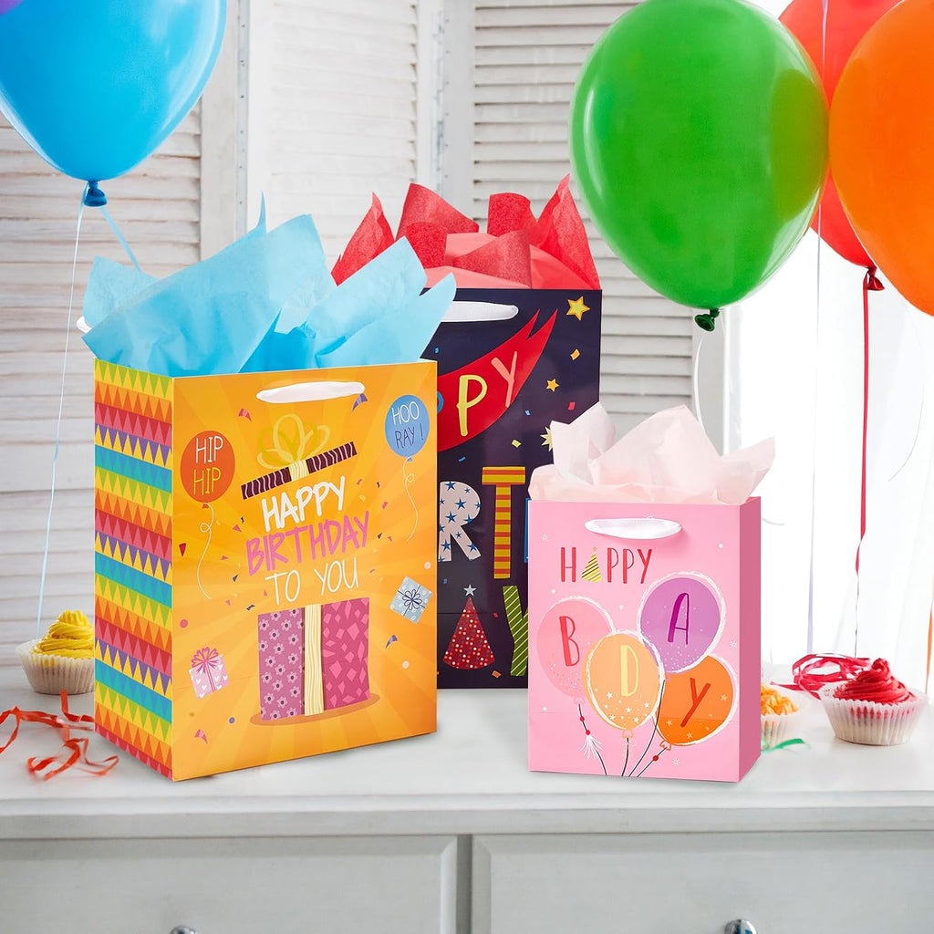 Birthday Gift Bags Assorted Size with Ribbon Handles and Tissue Paper