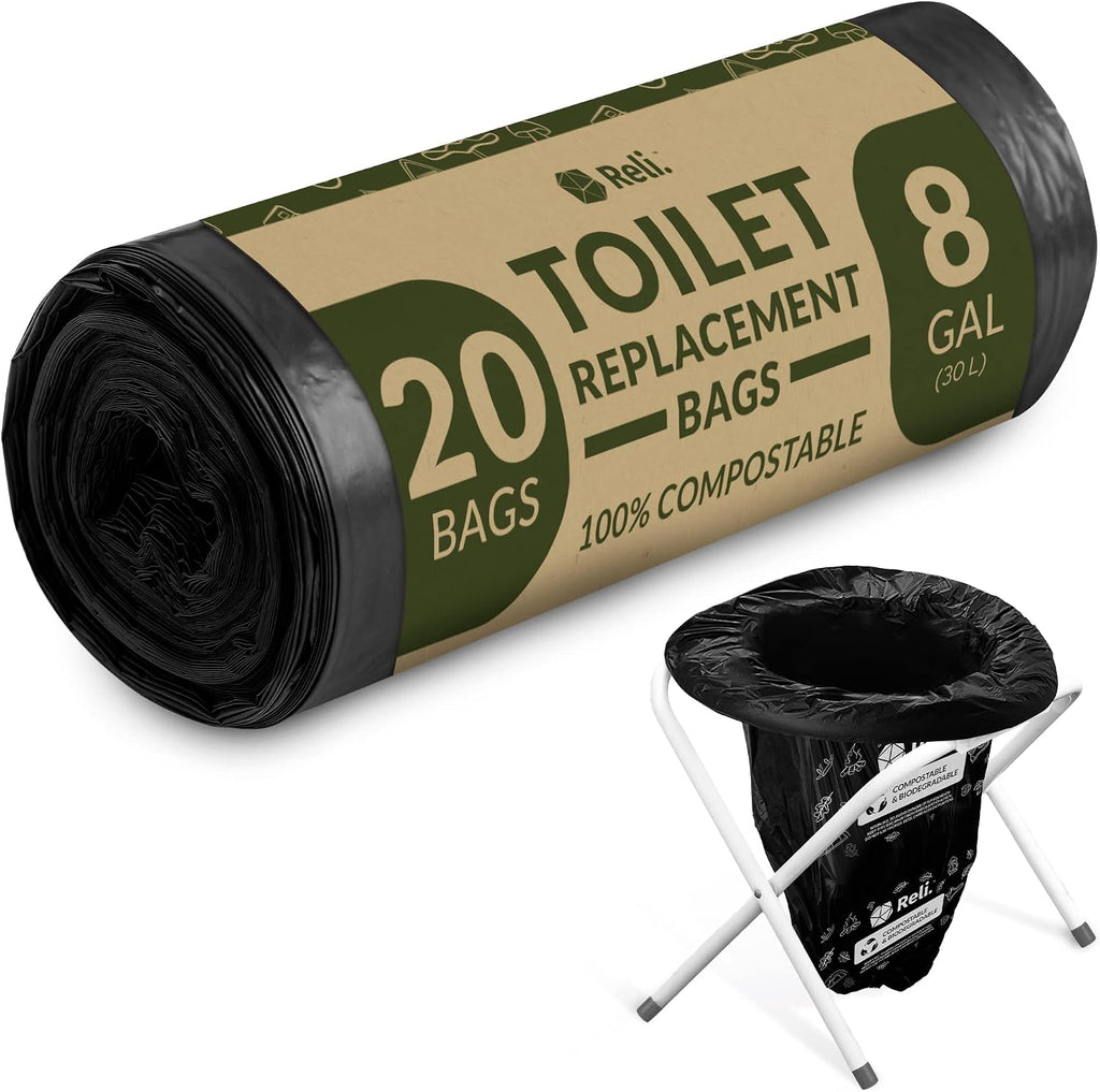 Portable Toilet Bags (20 Count) Camping Bathroom Bag | 8 Gallon | Compostable | Luggable Loo, Bucket Toilet | For