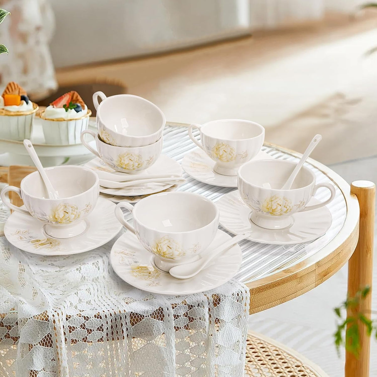 Tea Cups and Saucers Set of 6, 7 Oz, Microwave Safe