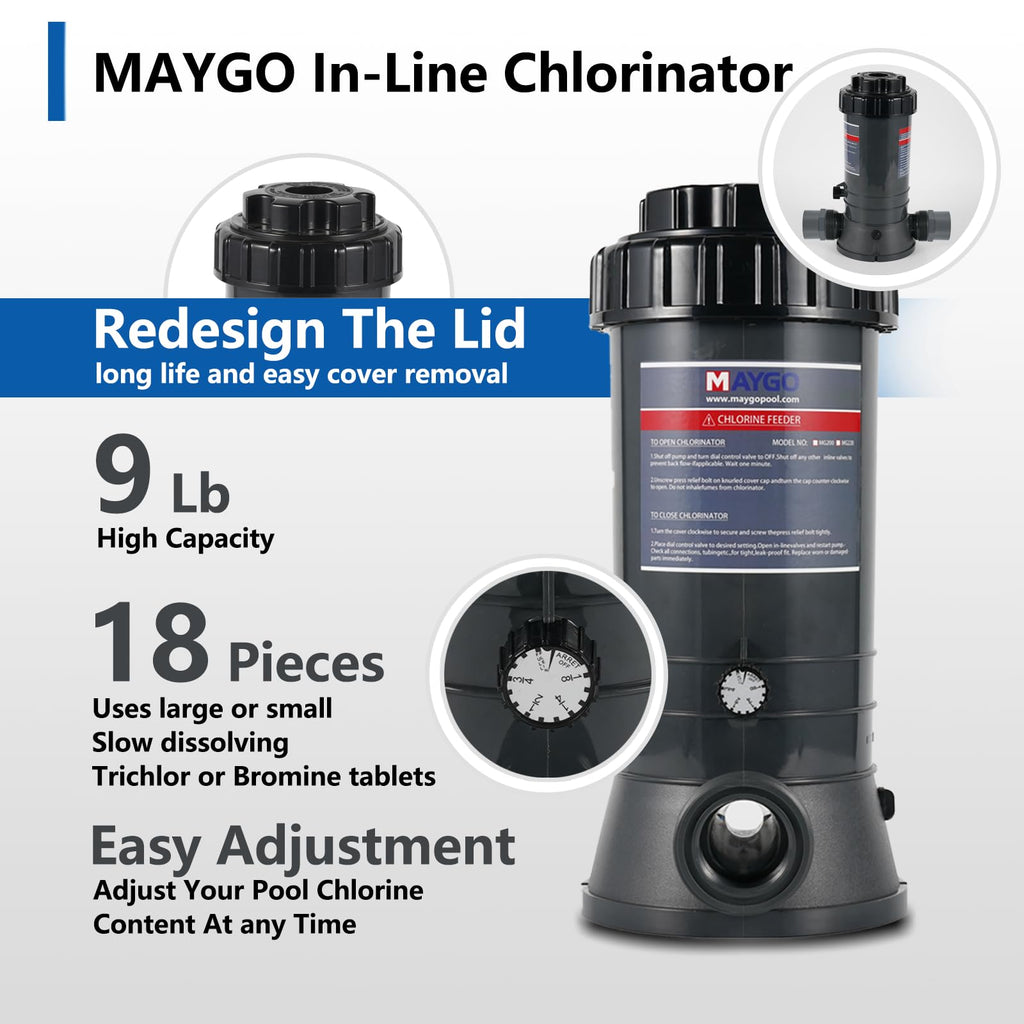 Automatic Inline Pool Chlorinator, 9LB, 1" & 3" Tablet Feeder