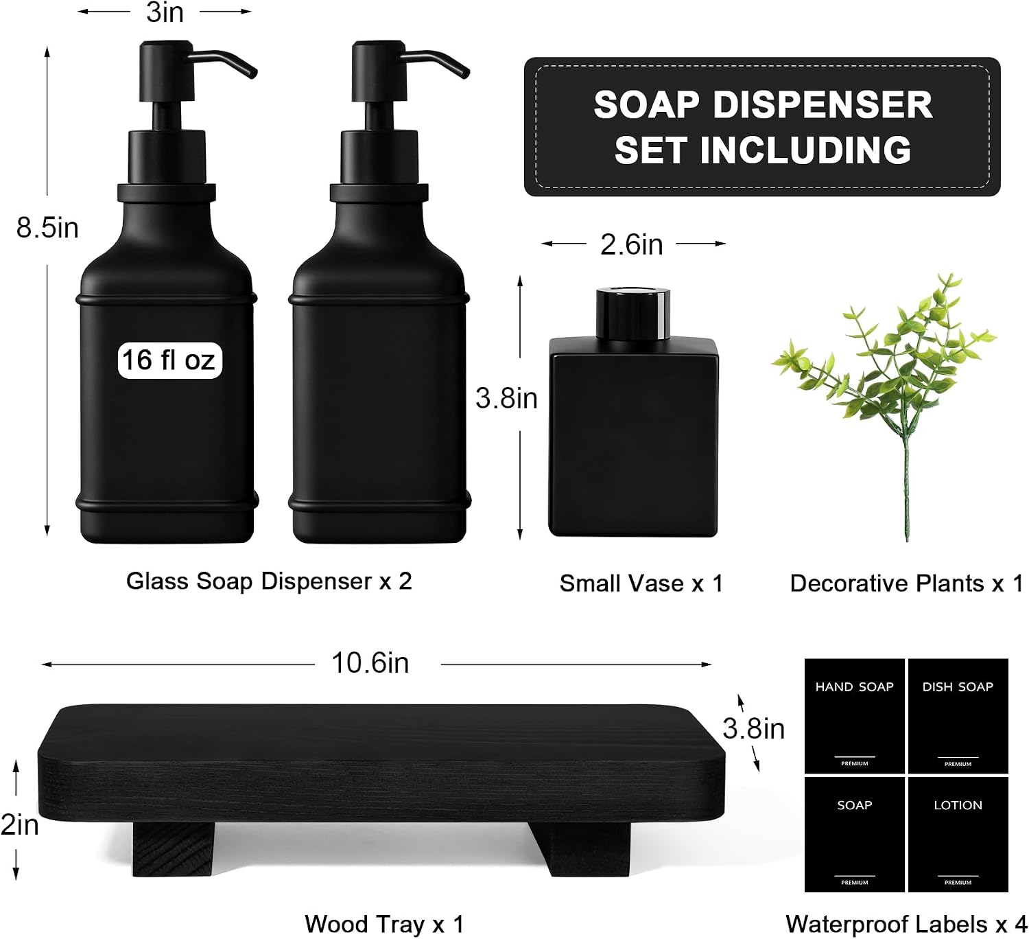 Modern Kitchen Soap Dispenser Set with Wood Tray, Black Glass Soap Dispenser with Pump, Decorative Hand and Dish Soap