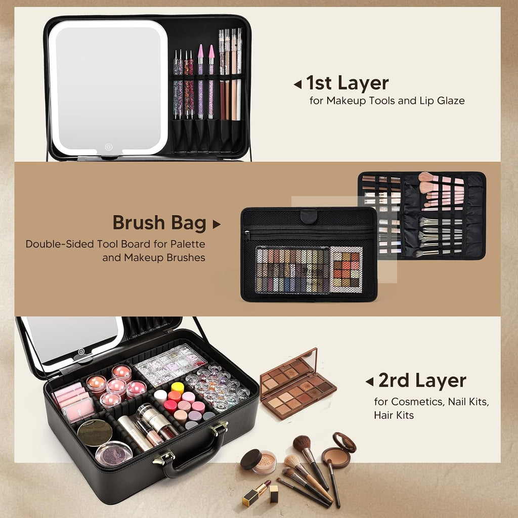 Leather Makeup Case with LED Lighted Mirror 13.58 Inch Extra Large Travel Makeup Bag Adjustable Brightness in 3