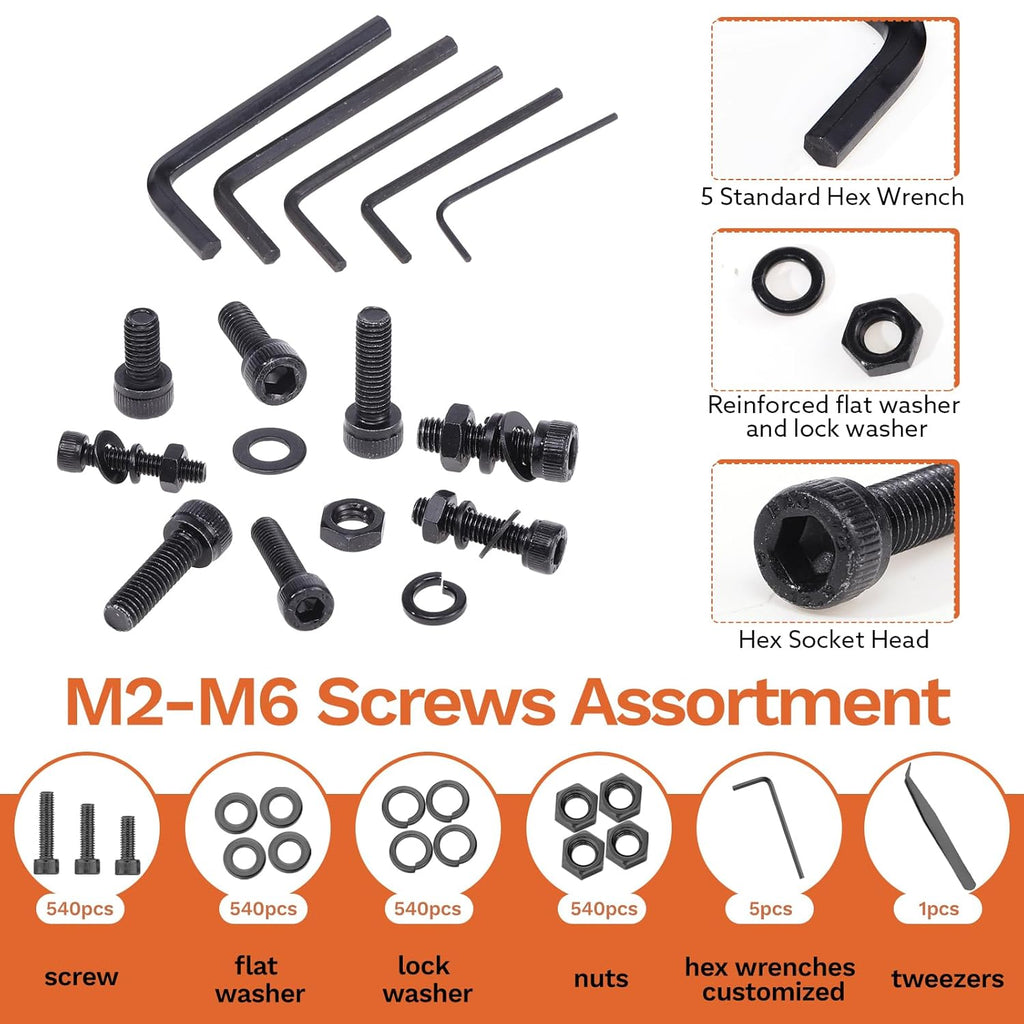 2160 Pcs Metric Screw Assortment Metric Bolts M2 M3 M4 M5 M6 Nuts and Bolt Kit, 12.9 Alloy Steel Black Zinc Plated