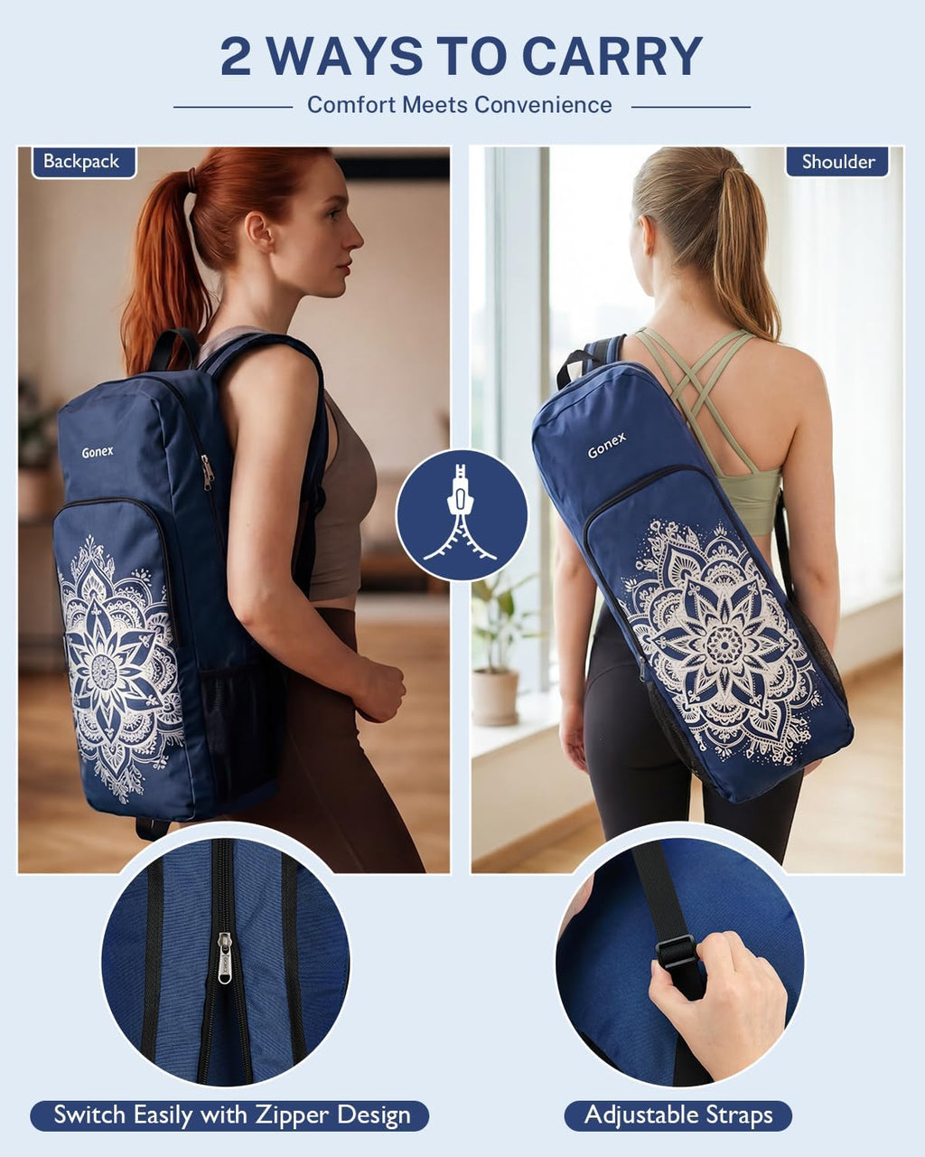 Yoga Mat Bag, 2 Carry Ways Yoga Backpack with Wet Compartment Metal Zippers for Women Men, Large Capacity Yoga Mat