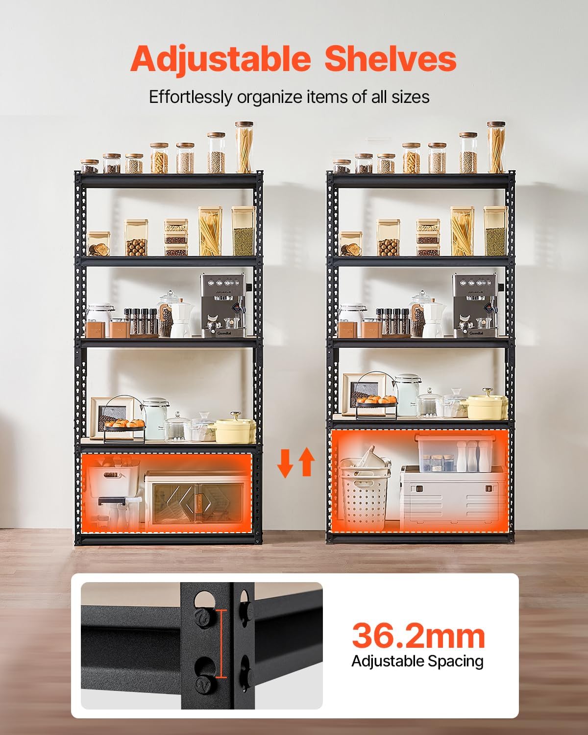 Storage Shelves, 2000 lbs, 5 Tier Garage Storage Shelving, 16" D x 36" W x 71.4" H Adjustable Metal Shelves for