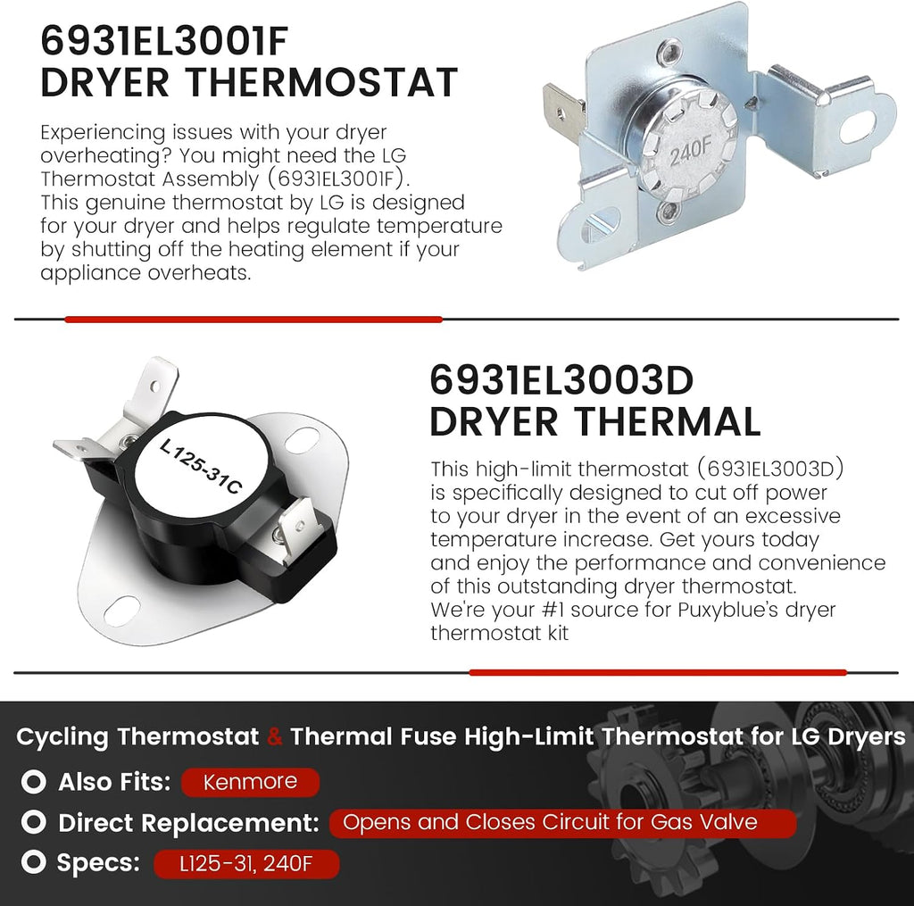 Dryer Thermal Fuse 6931EL3003D 6931EL3001F Dryer Thermostat kit by Puxyblue - Replaces ap5072172 dle5955w L125-31C - Compatible with KenMore LG Dryers dle2050w, dle2301r, etc.