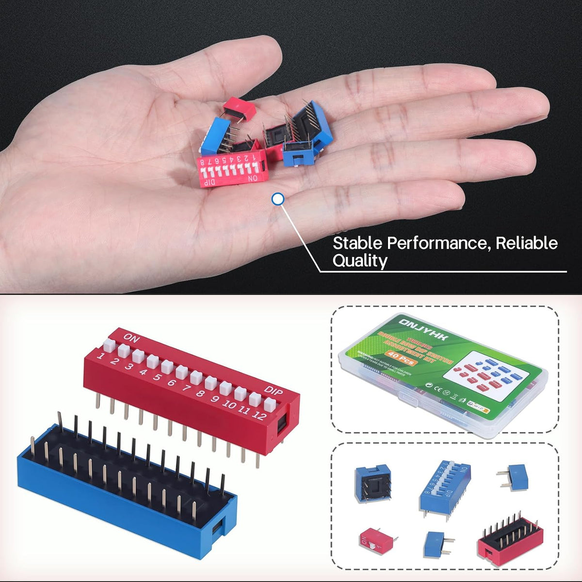11Values Dip Switch Kit 1 2 3 4 5 6 7 8 9 10 12 Position 2.54MM Double Row PCB Mountable On Off Slide Type Toggle Switches for Circuit Breadboard (Pack of 40)