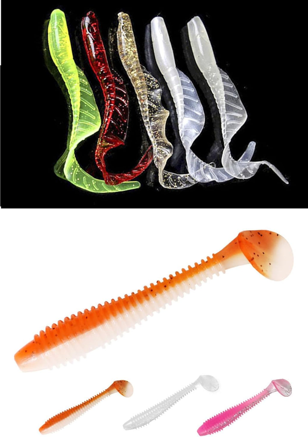 Soft Fishing Lures Set with Tackle Box, 6.5cm/8cm Paddle Tail Swimbaits, 60PCS Soft Plastic Baits with Curly Tails