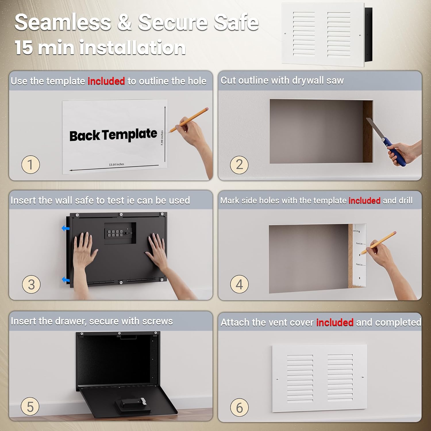 Hidden In Wall Safe with Vent Cover, Electronic Wall Mount Safe with Magnetic Concealment, Small Recessed Hidden Safe