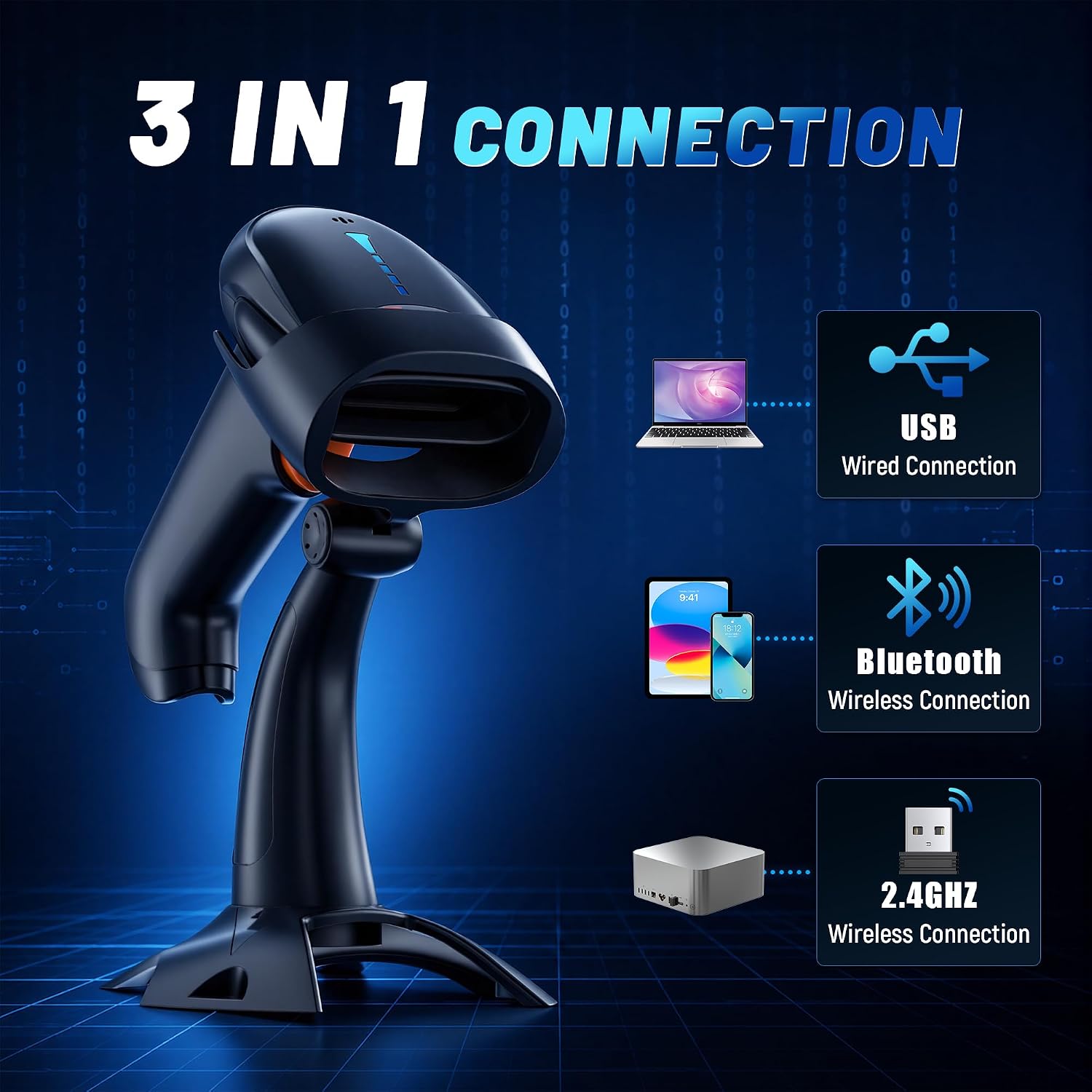 Barcode Scanner 2D Wireless: with Battery Indicator and Stand, HW0002 | BT 2.4G USB, 2200mAh, 640*480 CMOS, 1D 2D QR