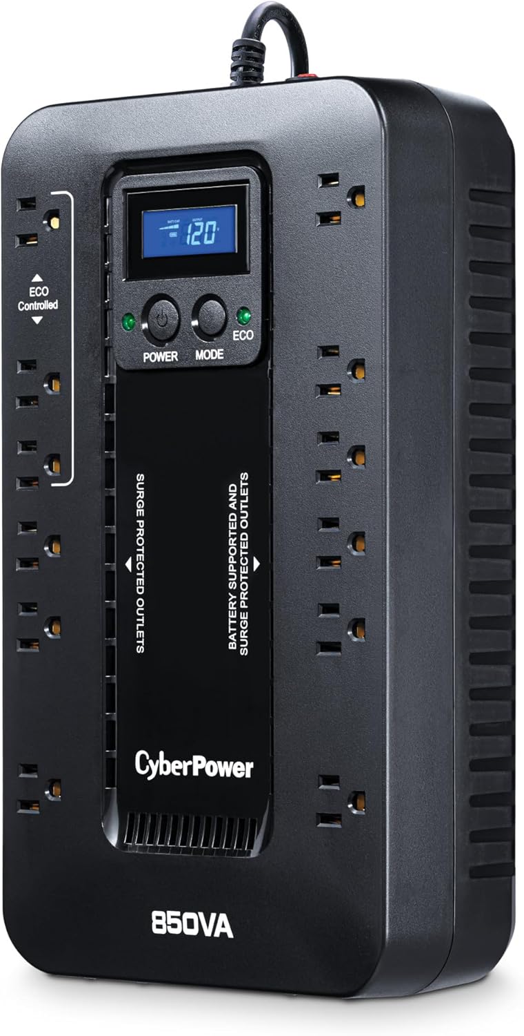 EC850LCD Ecologic UPS Battery Backup and Surge Protector | 850VA/510W, 12 Outlets, ECO Mode, Compact, UL Certified