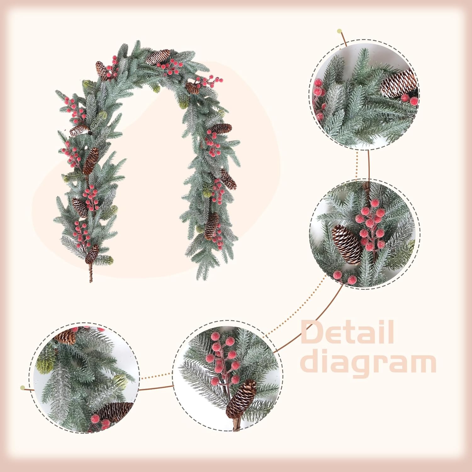 6FT Christmas Garland with Red Berries and Pinecones - Table Decor, Winter Greenery for Holiday Season Mantel