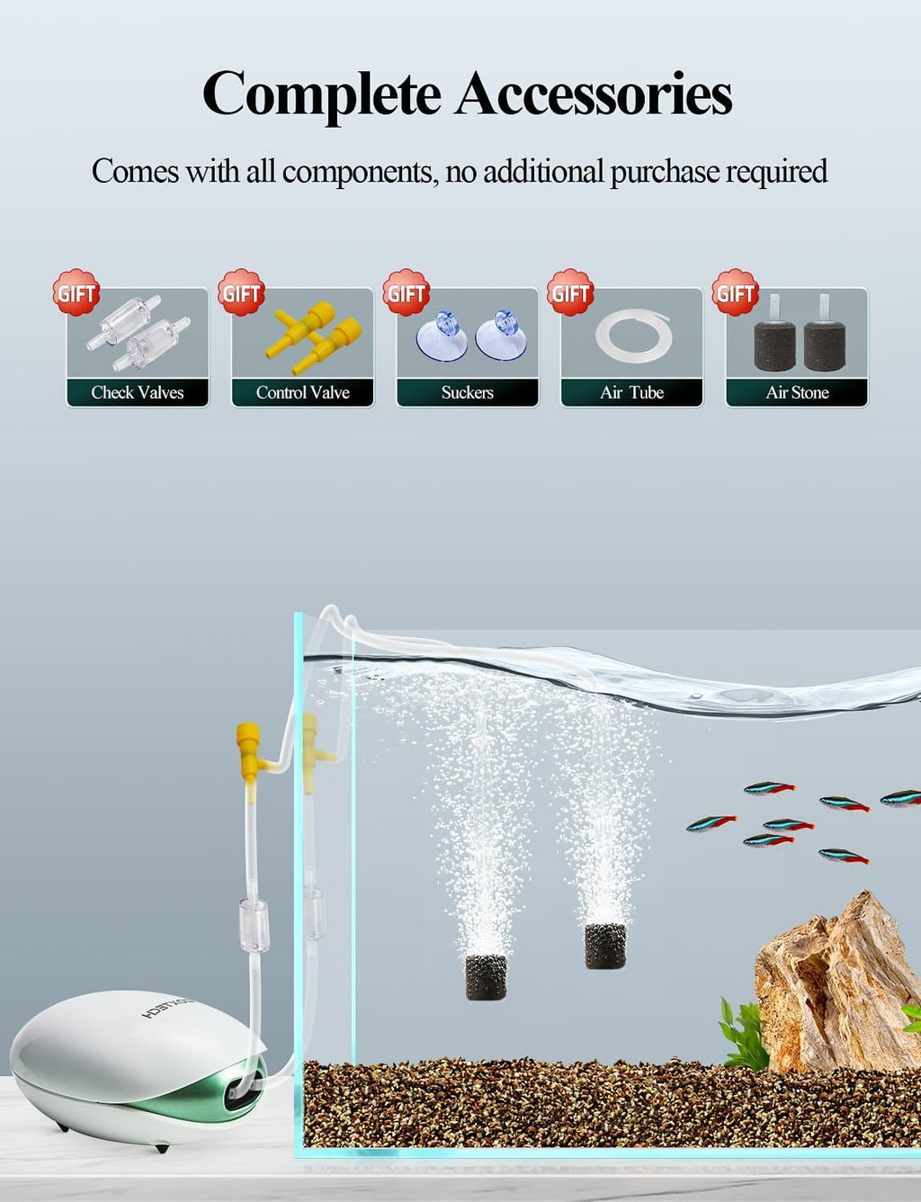 Aquarium Air Pump Kit 2.5W,Fish Tank Oxygen Pump | Oxygen aerator kit includes air tube bubble stone & check valve